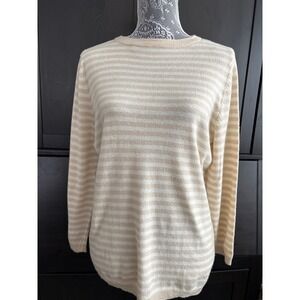 Talbots Large Boat Neck Lambswool Blend Striped Cream/Tan 3/4 Sleeve Sweater